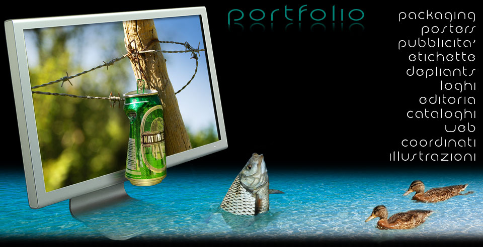 Fotoritocco con lattina, pesce e anatre sull'acqua